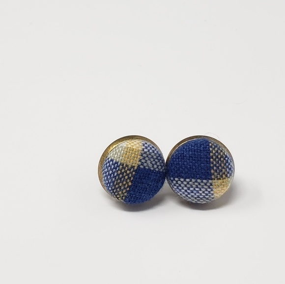 New Handmade | Upcycled Blue Yellow White Plaid Button Stud Earrings - Picture 1 of 4